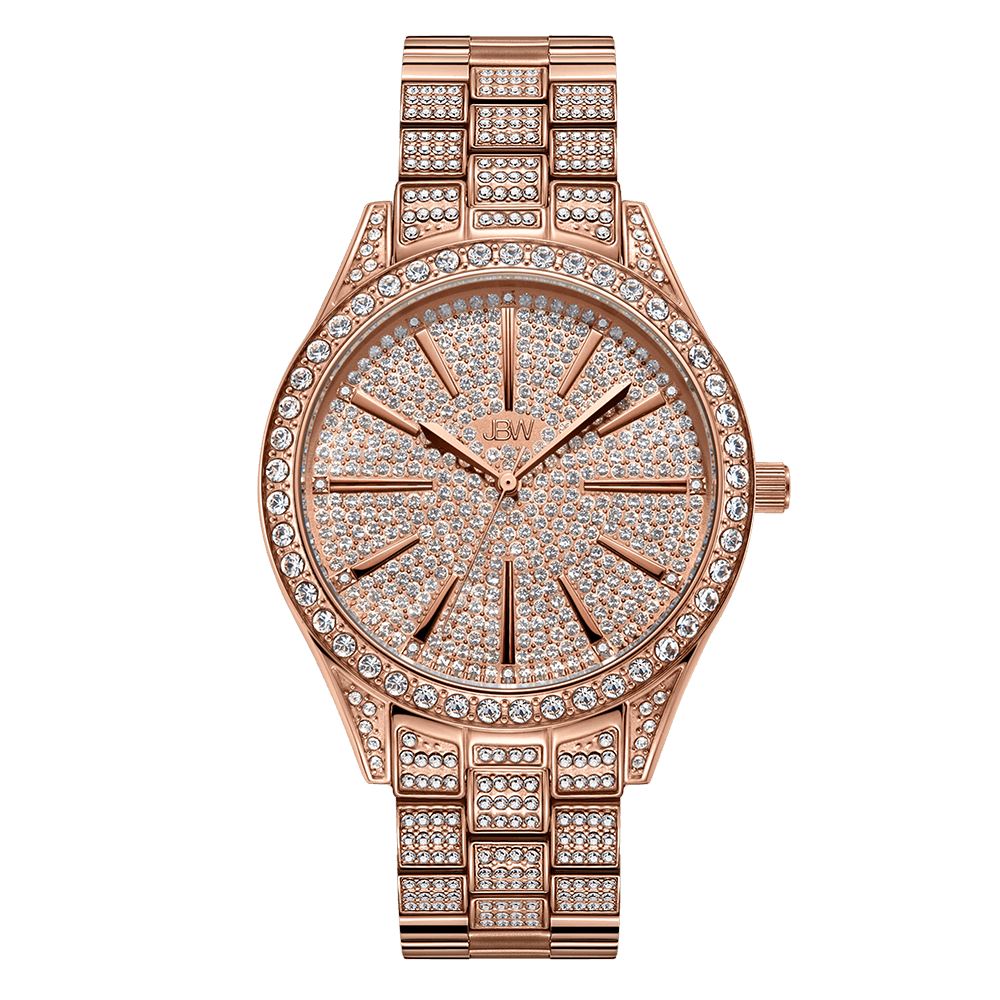 The Cristal 39 (Sample Sale) by JBW Watches is a rose gold diamond watch with sparkling crystals on the face, bezel, and band, featuring the JBW logo and stick hour markers—a luxurious blend of decorative flair and timeless elegance.
