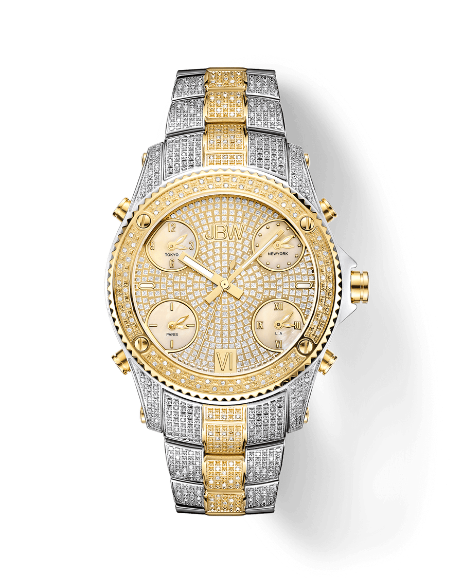 The JBW Jet Setter | JB-6213-E is a luxury diamond watch with a gold and silver two-tone band, 18K gold-plated stainless steel, textured bezel, round face, Roman numerals, and three sub-dials.