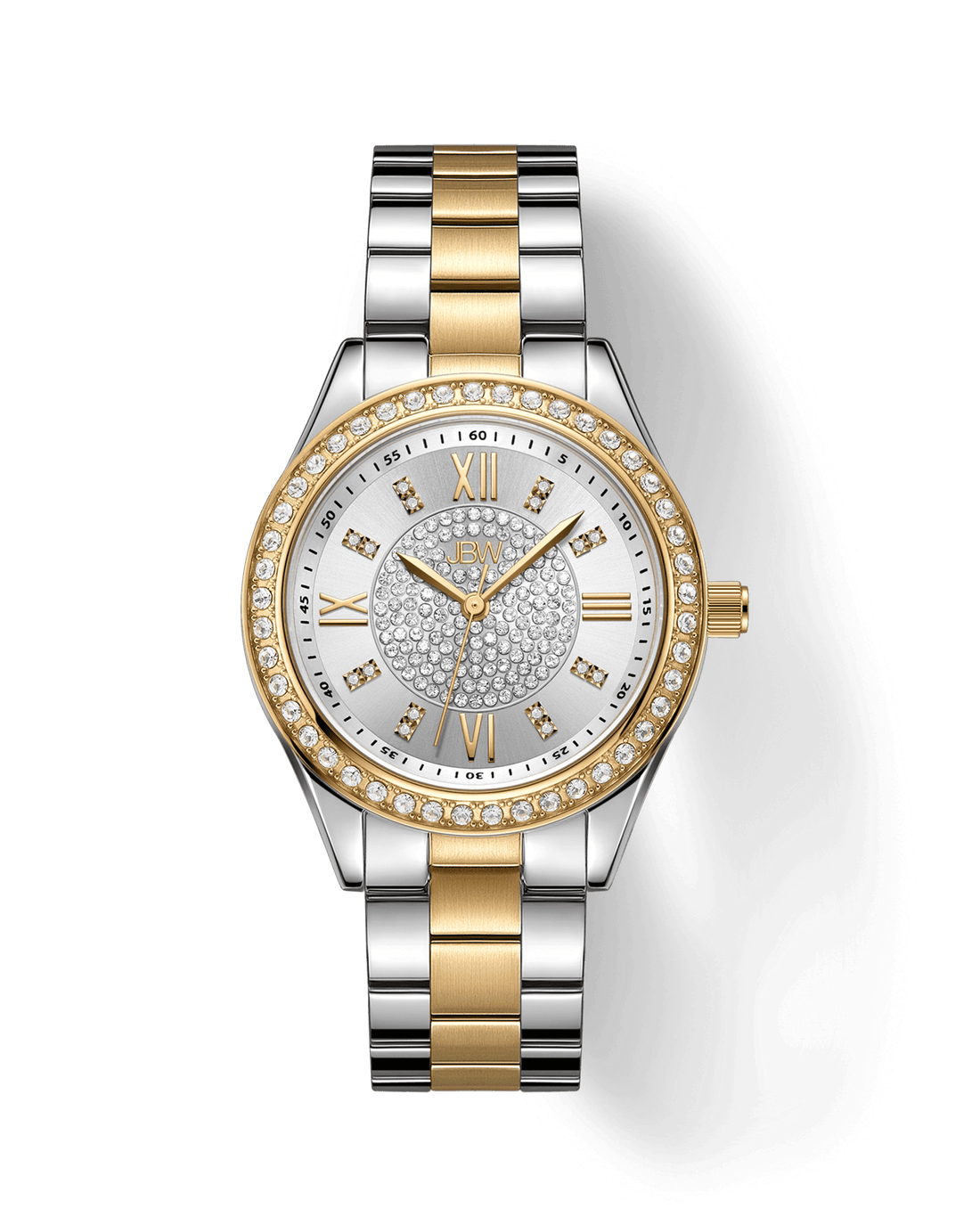 The Mondrian 34 | J6388C by JBW Watches is an elegant Swiss movement watch with a two-tone silver and gold band, gold Roman numerals, crystal accents, and a gold-plated stainless steel case for lasting brilliance.