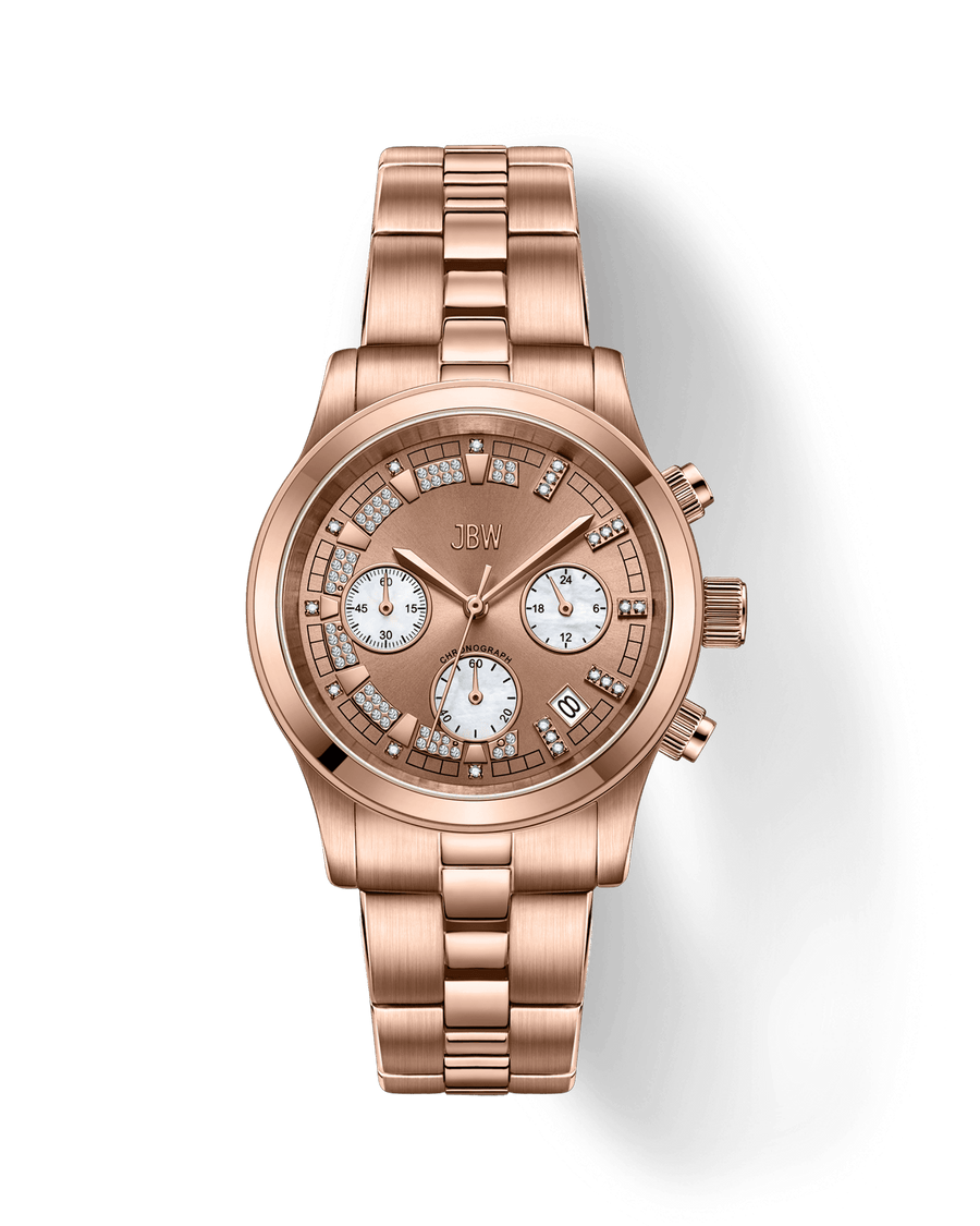 The JBW Muse | JB-6217-L is a rose gold watch with a metal link band, three chronograph subdials, date display, hour markers with decorative stones, and the JBW logo at the center.