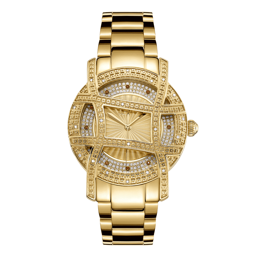 The JBW Olympia 10 YR (JB-6214-10B) is a gold watch with a diamond-studded geometric face and bezel, metal link bracelet, and anniversary edition design, shown on a plain white background.