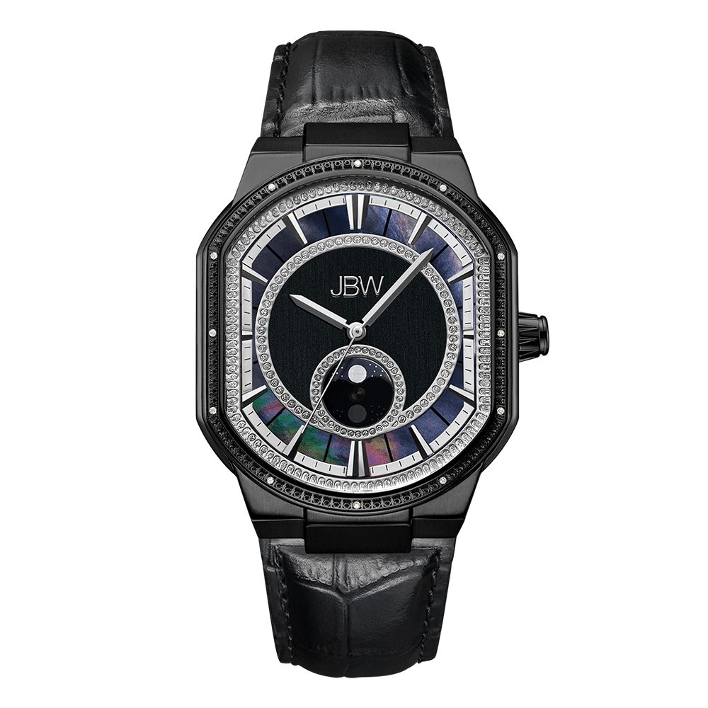 The JBW Watches Orion Sky | J6375C-GA (Grade A) features a black leather strap, rectangular black face, genuine diamonds, colorful inlays around a mother-of-pearl dial, and a moon phase indicator at 6 oclock.
