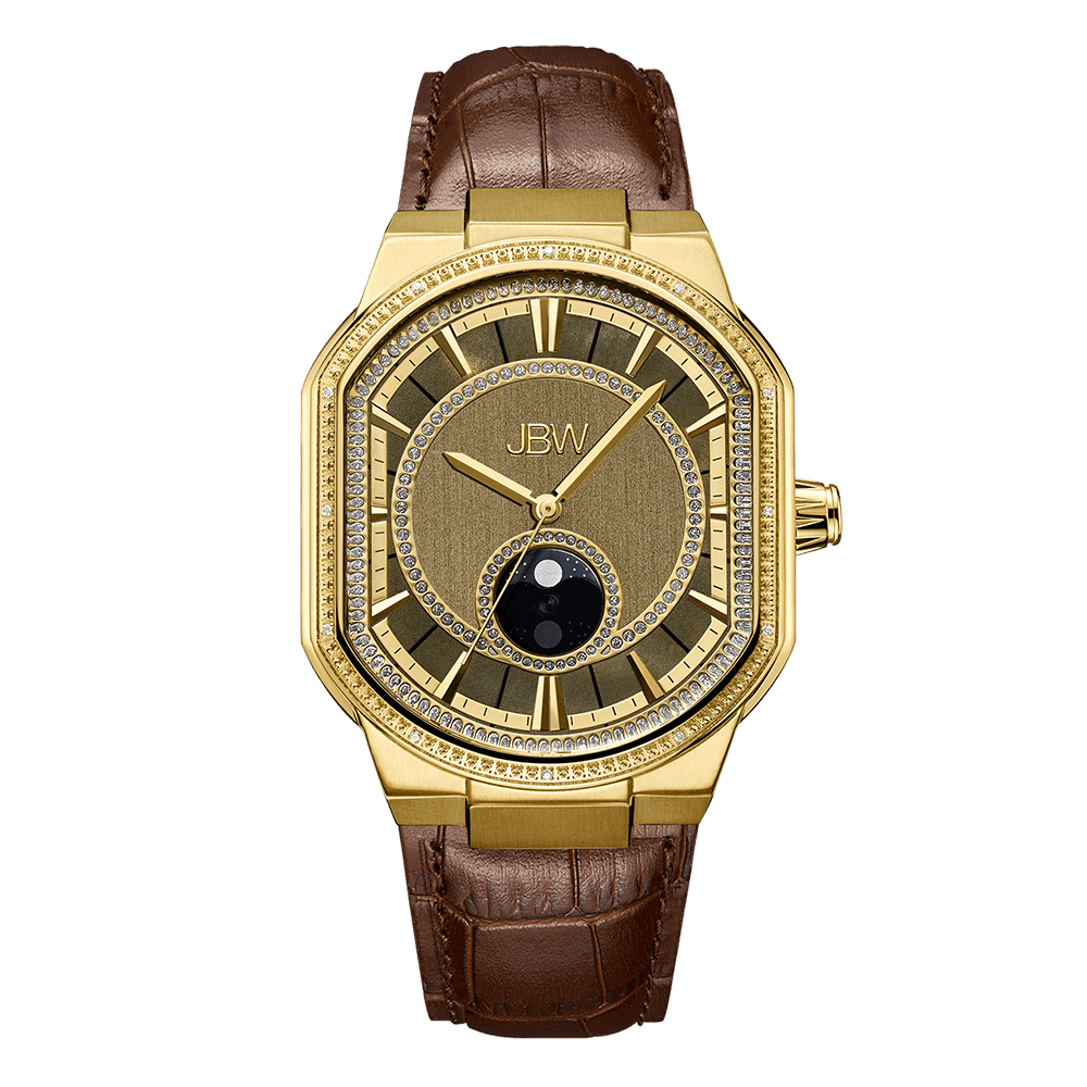 The Orion Sky | J6375D-SC by JBW Watches features a gold rectangular case, brown textured dial with moonphase movement, diamond accents, Roman numerals, a moon phase subdial, and a brown leather strap, shown on a white background.