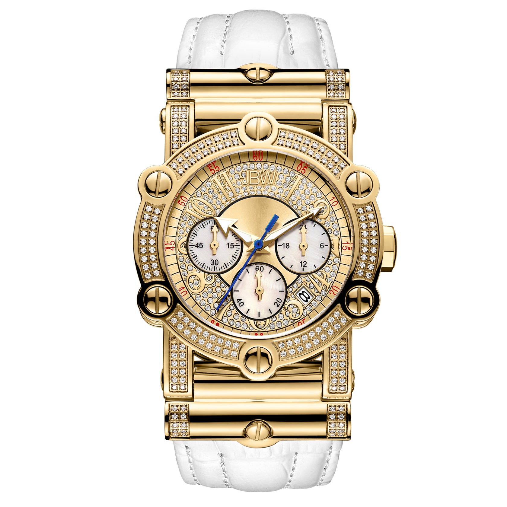 The Phantom | JB-6215-196-A by JBW Watches features a gold case with diamond-encrusted bezel and case, a white leather strap, three subdials, blue hands, and a date display at 4 o’clock.