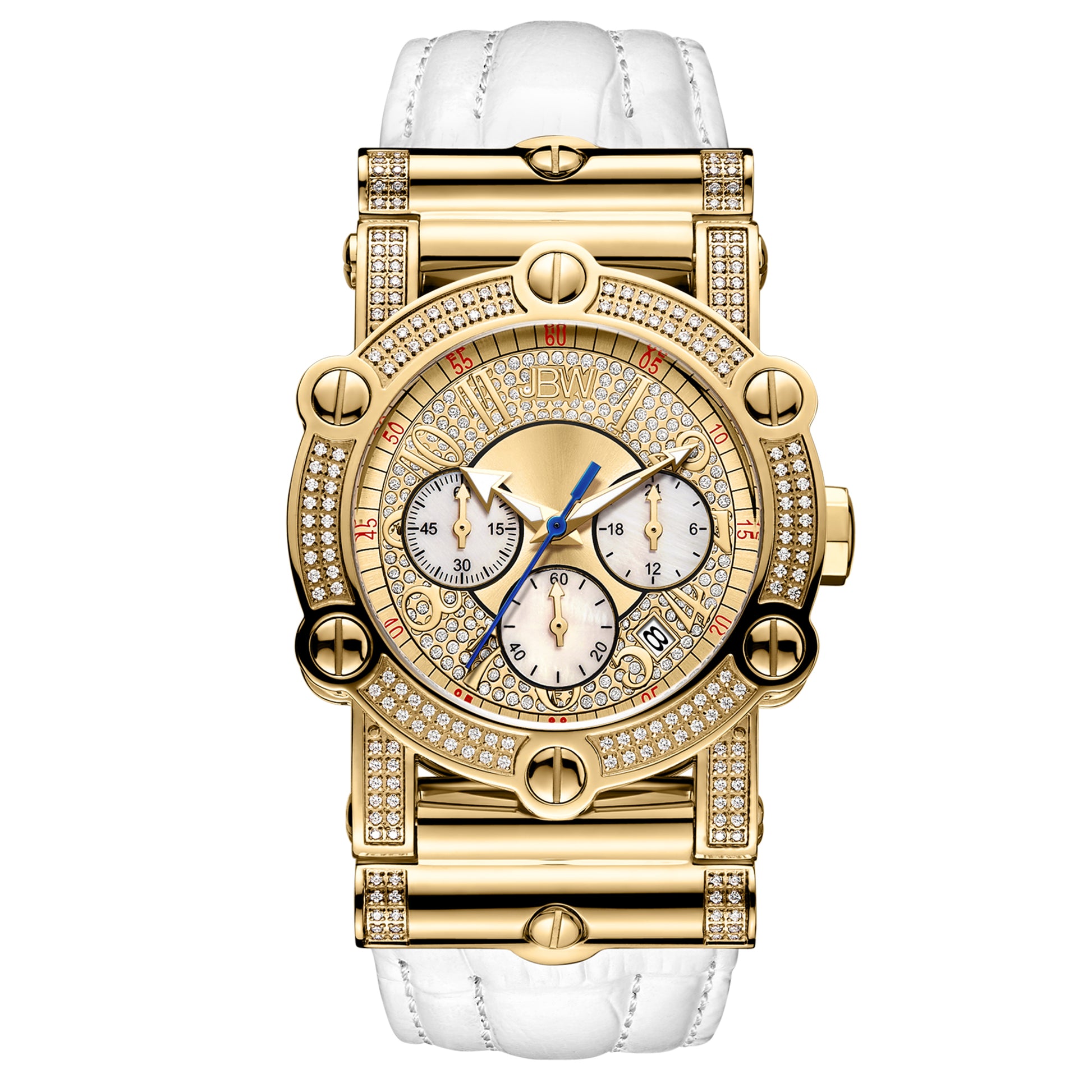 The Phantom | JB-6215-196-A by JBW Watches features a gold case with diamond-encrusted bezel and case, a white leather strap, three subdials, blue hands, and a date display at 4 o’clock.
