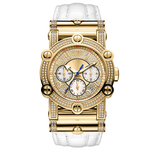 The Phantom | JB-6215-196-A by JBW Watches features a gold case with diamond-encrusted bezel and case, a white leather strap, three subdials, blue hands, and a date display at 4 o’clock.