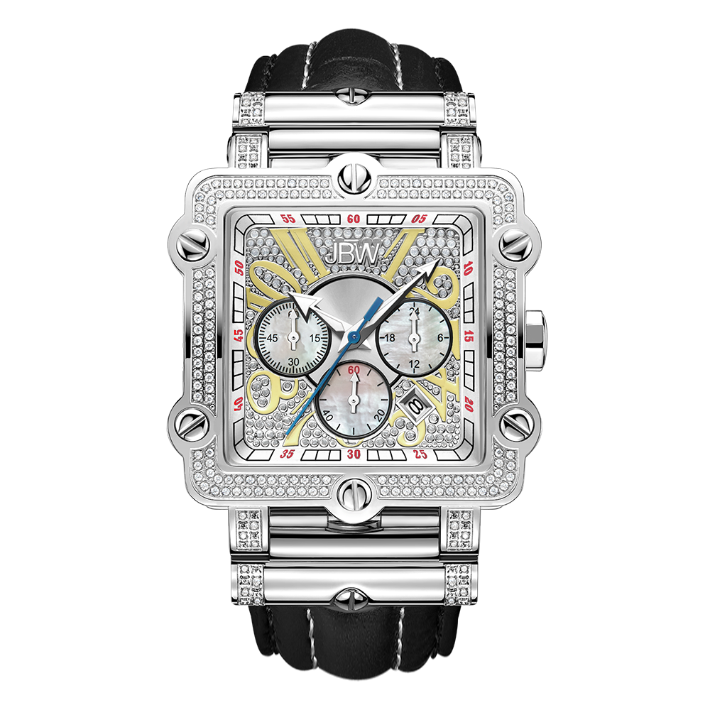 The JBW Phantom | JB-6215-238-B is a silver square-faced watch featuring a diamond-encrusted bezel, leather strap, diamond chronograph dials, and gold accents on the face, shown against a plain white background.