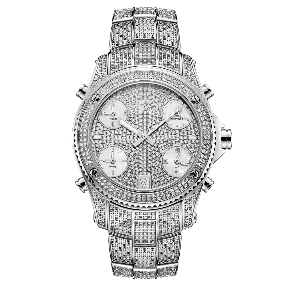 The JBW Watches Jet Setter PS | PS550B-GB Sample Sale (Grade B) is a luxury Swiss watch with a diamond-encrusted face, bezel, and silver band, featuring four subdials for multiple time zones and Roman numerals at 6 and 12 o’clock.