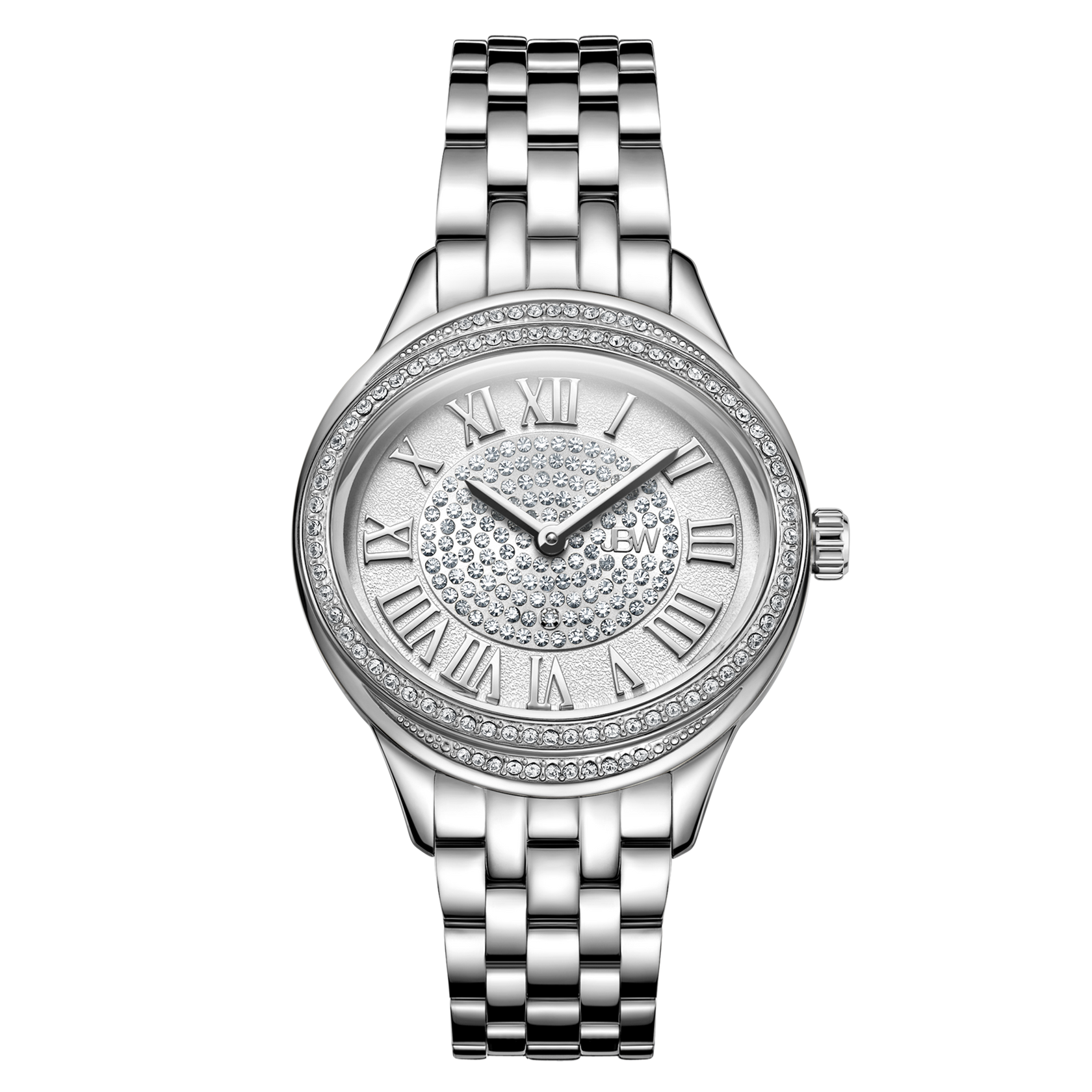 The JBW Plaza Set (Sample Sale) | J6366A-SC is a silver watch with Swiss movement, metal link band, round face with Roman numerals, crystal-accented dial and bezel. The hands are set to 10:10.