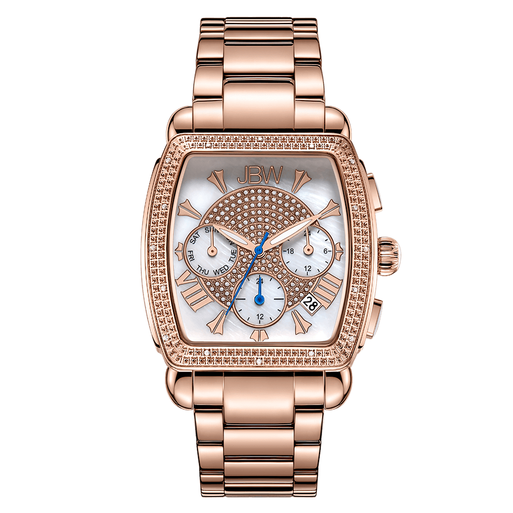 The Victory Set | J6376C-GA from JBW Watches features a rose gold rectangular face, genuine diamond accents, Roman numerals, three subdials, date window, and metal link band. The JBW logo stands out on the dial.