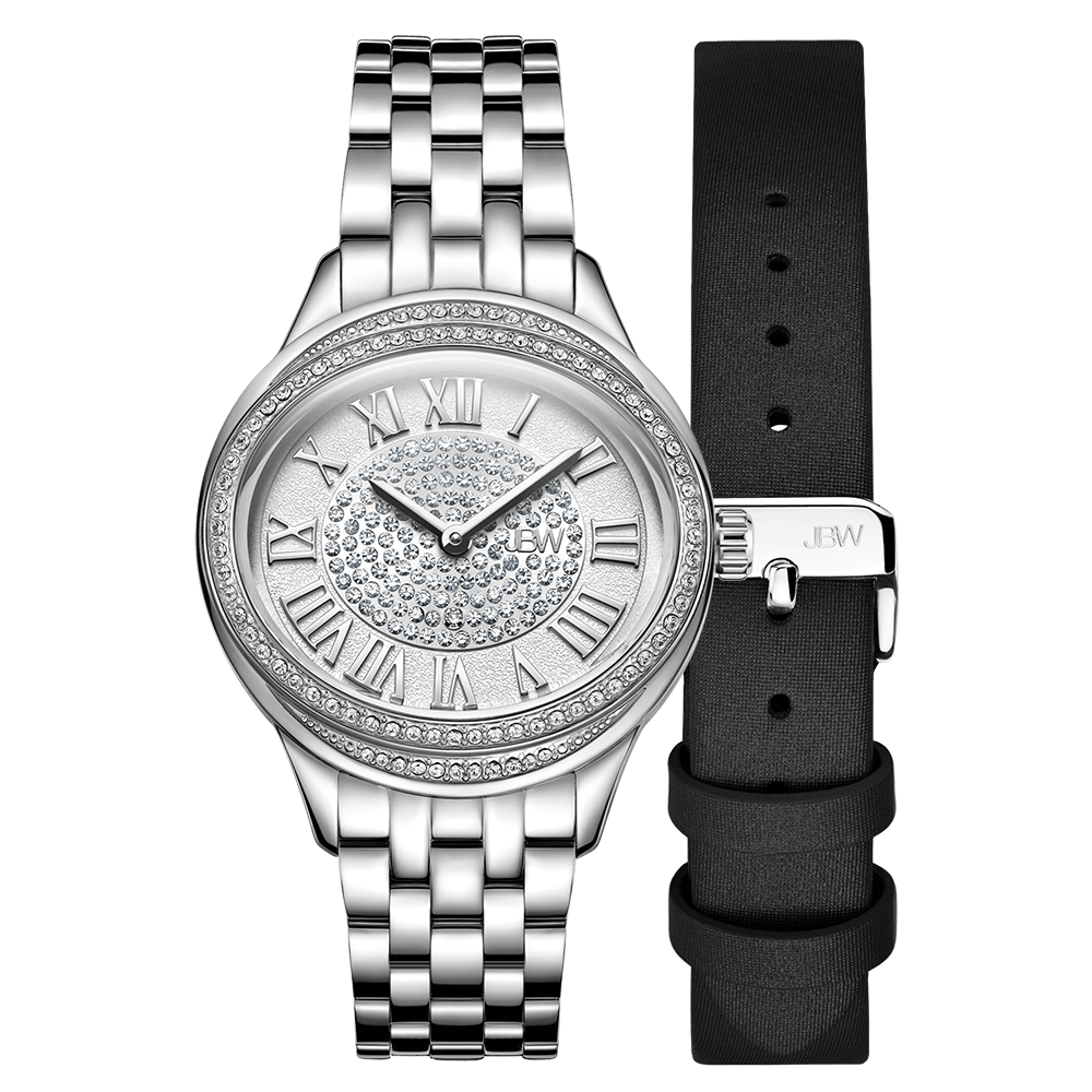 The Plaza Set (Sample Sale) | J6366A-SC by JBW features a silver-tone watch with Swiss movement, Roman numerals, sparkling stones, metal link band, and includes a black leather strap with a silver buckle.