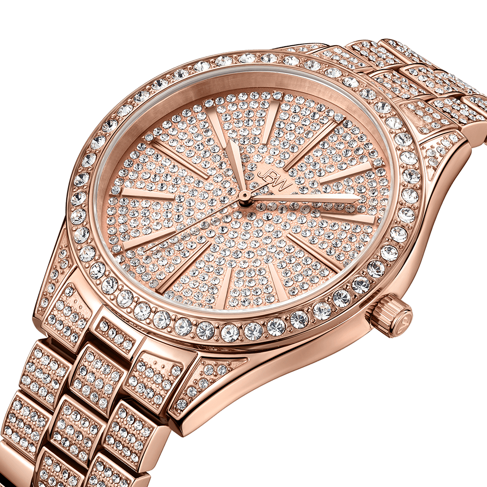 A close-up of the Cristal 39 (Sample Sale) | J6346B-GB by JBW Watches—a luxurious rose gold diamond watch with sparkling crystals on the face, bezel, and bracelet—set against a plain white background.