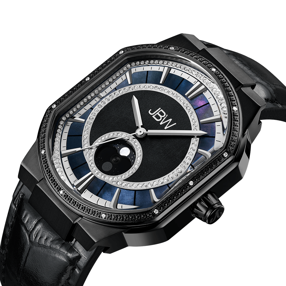 The Orion Sky | J6375C-GA by JBW Watches is a luxury wristwatch with a black leather strap, black octagonal case, crystal-studded bezel, genuine diamonds, and a moon phase subdial on its black, silver, and blue face.