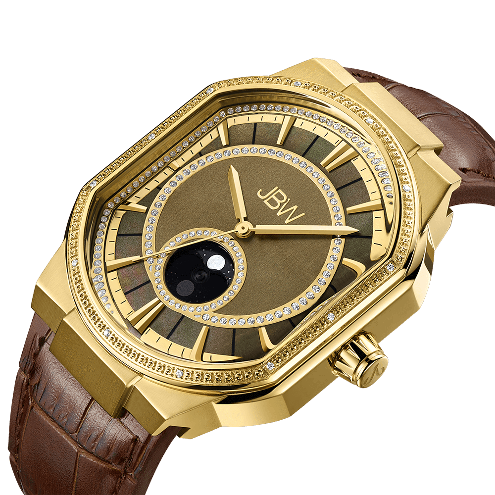 The JBW Watches Orion Sky | J6375D-SC, a gold luxury wristwatch with a brown face, genuine diamonds, crystal accents, moonphase display, and brown leather strap is shown at an angle on a white background.