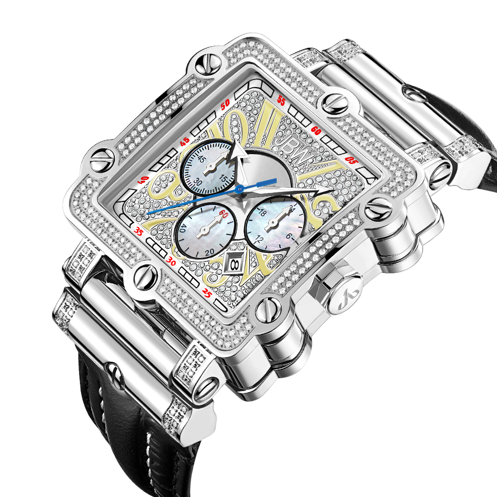 The JBW Phantom | JB-6215-238-B is a luxury timepiece with a square diamond-encrusted bezel, exposed gears, three subdials, and a black leather strap, elegantly photographed on a white background.