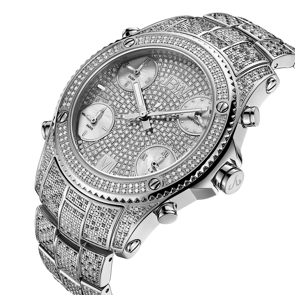 The JBW Watches Jet Setter PS | PS550B-GB Sample Sale (Grade B) is a luxury Swiss timepiece with a silver finish, diamond-encrusted face, bezel, and band, plus three subdials and metallic side buttons—ideal for those with refined taste.