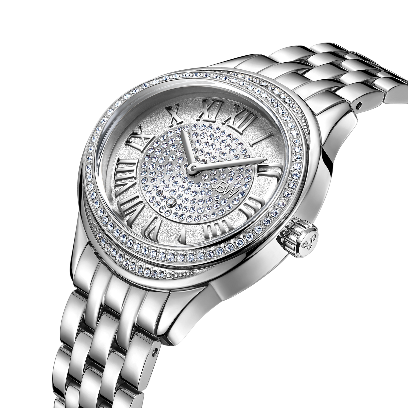 The JBW Plaza Set (Sample Sale) | J6366A-SC features Swiss movement, a silver metal link band, round face with Roman numerals, and a crystal-studded bezel and dial. The display shows the time as approximately 10:10.