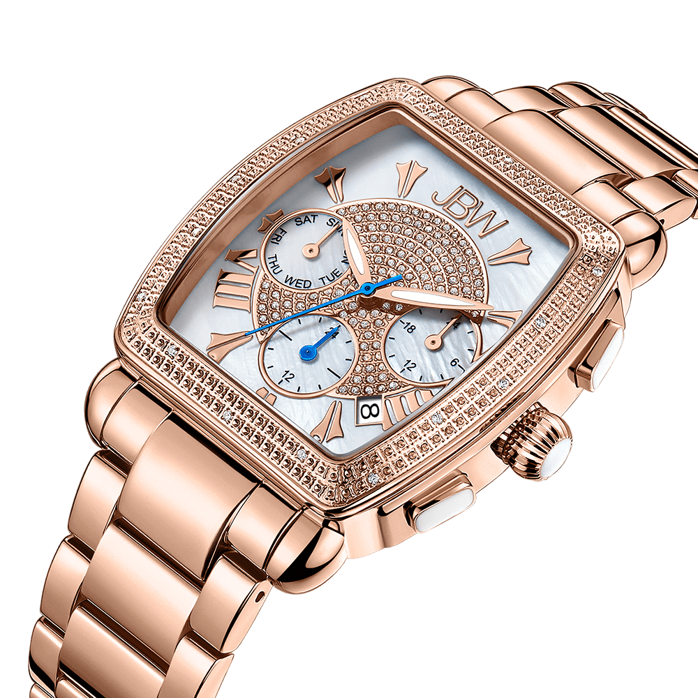 The Victory Set | J6376C-GA by JBW Watches features a rose gold finish, genuine diamonds on the bezel, three subdials, blue and gold hands, Roman numeral hour markers, and “JBW” branding on a white face.