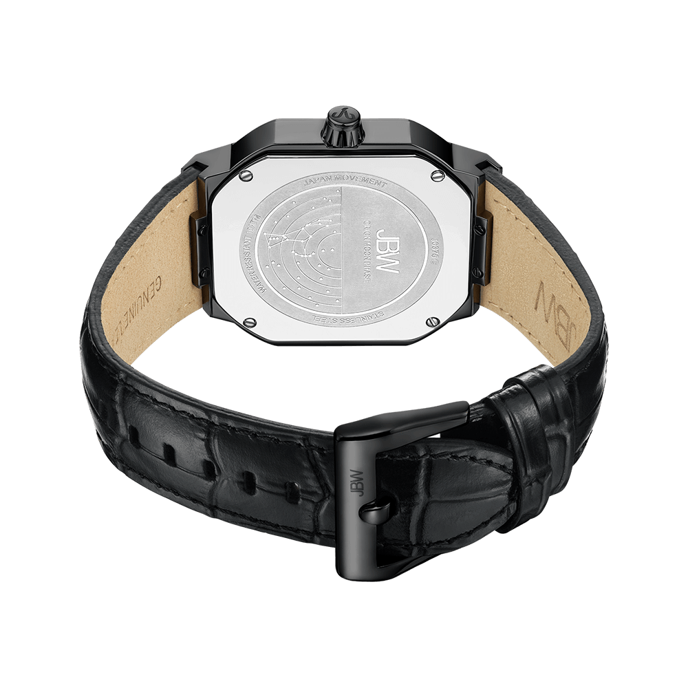 The Orion Sky | J6375C-GA by JBW Watches features a black leather strap with a black metal buckle, silver geometric case, engraved metal back, and an elegant mother-of-pearl dial—shown here from the back for detail.