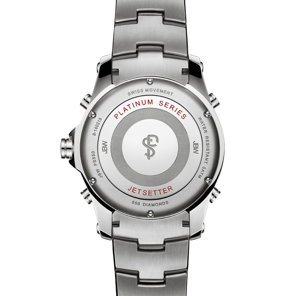 Close-up of the back of a JBW Watches Jet Setter PS | PS550B-GB (Sample Sale, Grade B) engraved with Platinum Series, Jetsetter, Swiss Movement, Water Resistant, 550 Diamonds, and the JBW logo at the center.
