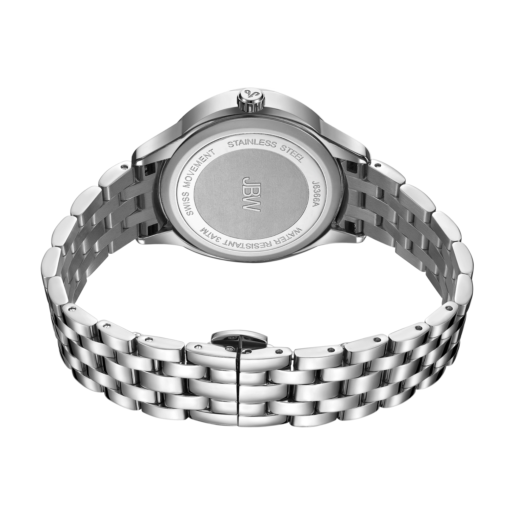 The JBW Plaza Set (Sample Sale) | J6366A-SC features a stainless steel back view, showcasing its clasp and engraved details: genuine diamond, Stainless Steel, Water Resistant 3ATM, and Swiss movement.