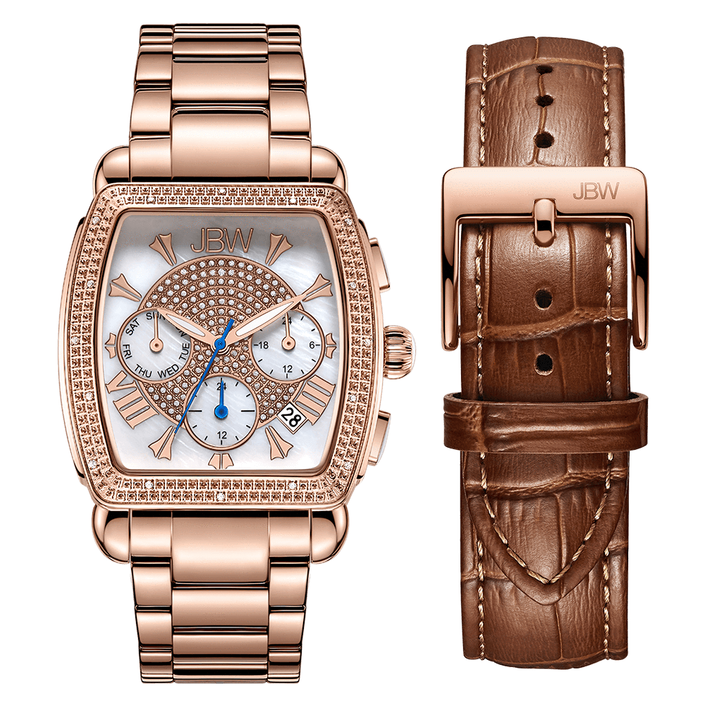 The JBW Watches Victory Set | J6376C-GA Sample Sale (Grade A) features a rose gold watch with genuine diamonds, three subdials, and Roman numerals, shown next to a stitched brown leather strap.