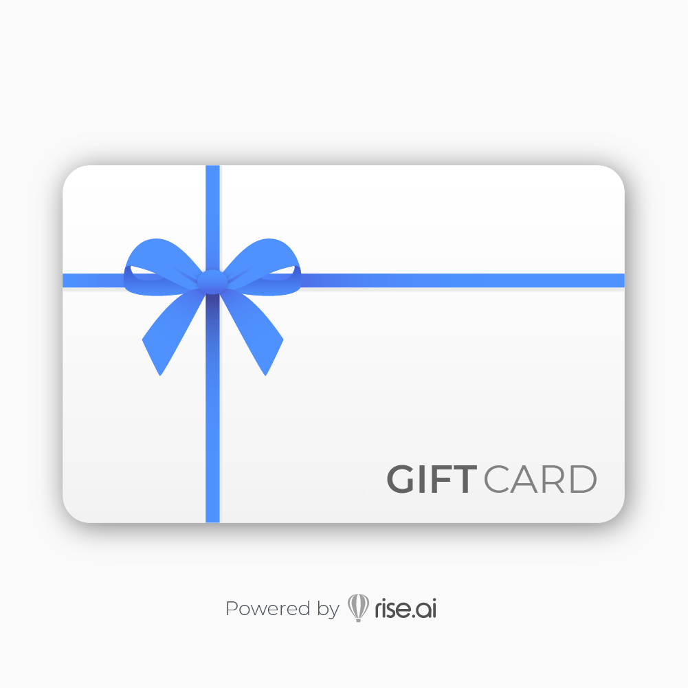 A white Gift card with a blue ribbon and bow, showing "GIFT CARD" in gray. Give the gift of choice from Rise.ai with instant email delivery. "Powered by Rise.ai" appears below the card.