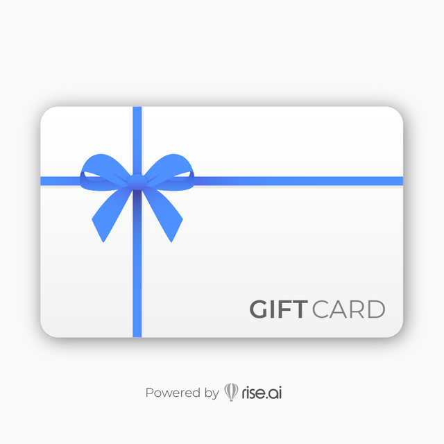 A white Gift card with a blue ribbon and bow, showing "GIFT CARD" in gray. Give the gift of choice from Rise.ai with instant email delivery. "Powered by Rise.ai" appears below the card.