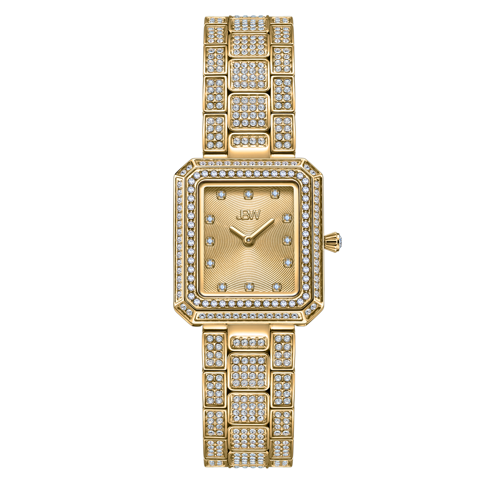 The Arc Single (Sample Sale) | J6390A-GA by JBW Watches is a gold unisex watch with a rectangular face, diamond hour markers, and a diamond-accented band, shown against a white background.